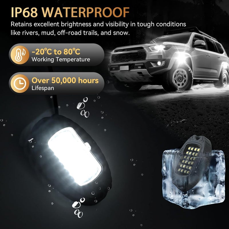ZONECONA 4Pods Aluminum Housing Plug and Play All Pure White LED Rock Lights Kit with Switch Harness Wiring Extension,Quick Connect 6500K Metal Underglow 12V Waterproof for ATV UTV SXS RZR Offroad Four Wheeler - Image 4